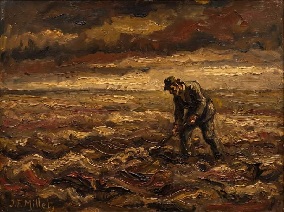 A laborer bent over his work beneath a stormy sky — after J.F. Millet