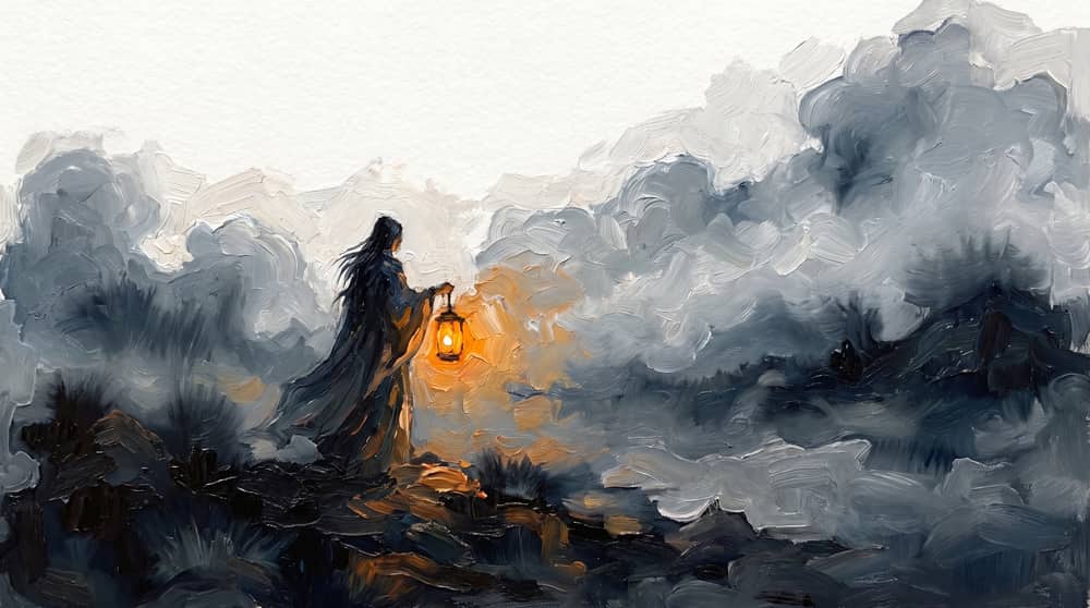 A robed figure holding a lantern in a stormy dark landscape