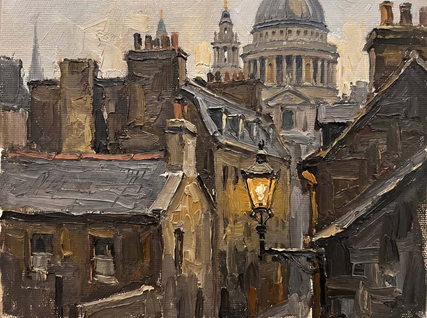 City rooftops at dawn, a single lamp still burning