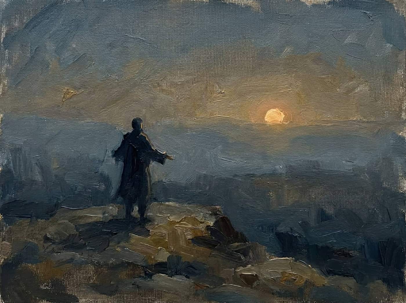 A figure standing with arms open before a dim rising sun