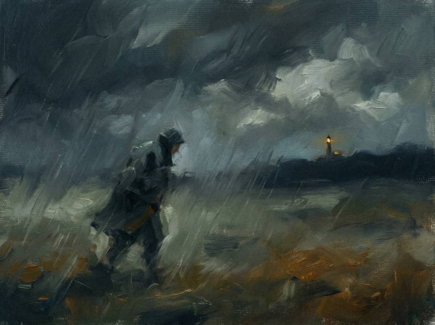 A figure walking bent into wind and rain, a distant lighthouse behind